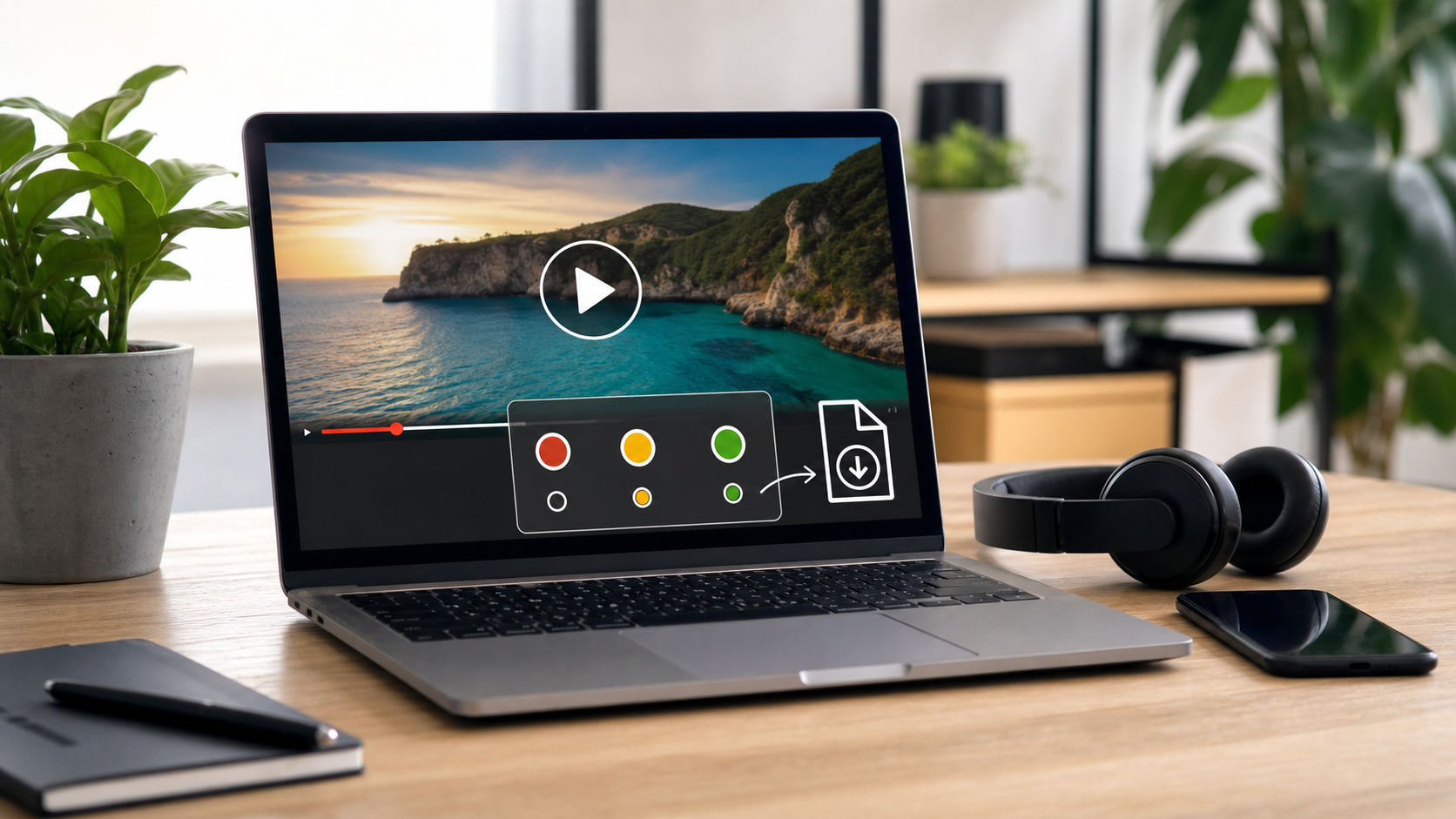 Laptop menampilkan pemutar video umum dengan pilihan kualitas dan ikon menyimpan file.