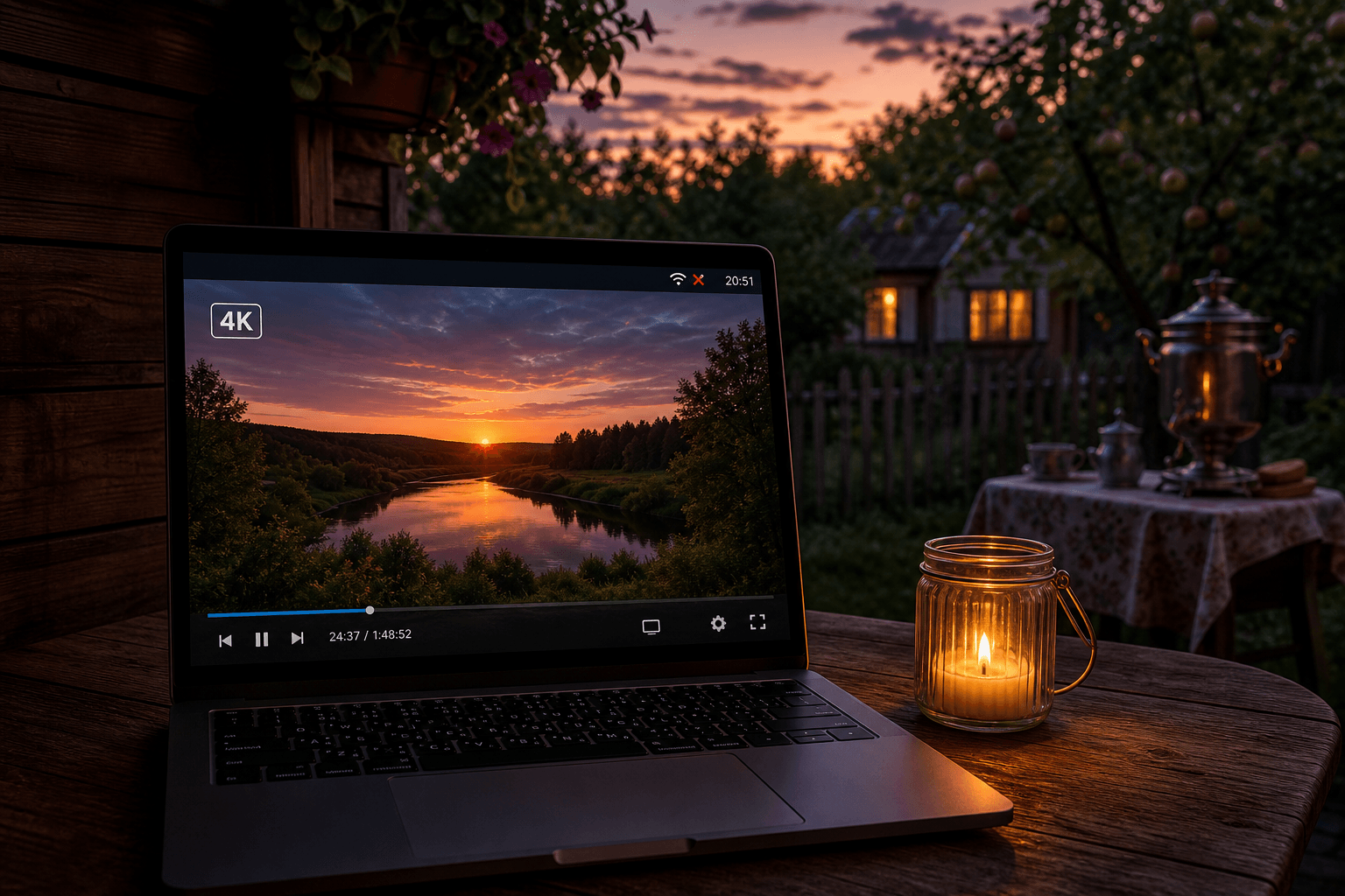 Дача, летний вечер, ноутбук с видео в 4K, WiFi отключён