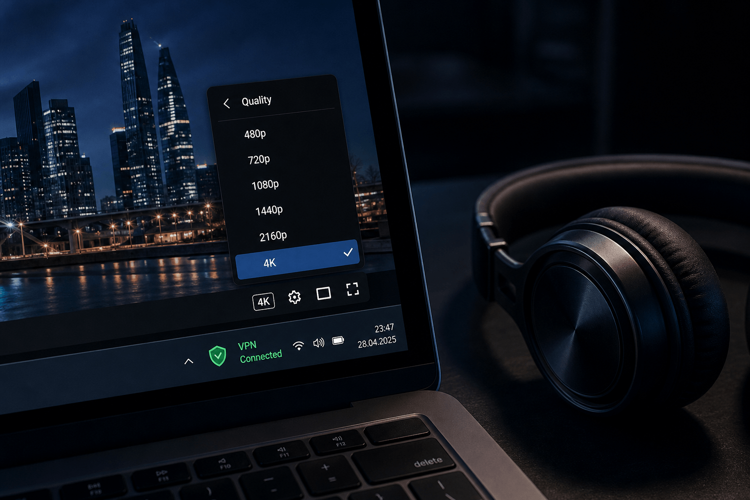 Плеер с выбором качества до 4K, зелёный значок VPN в системном трее
