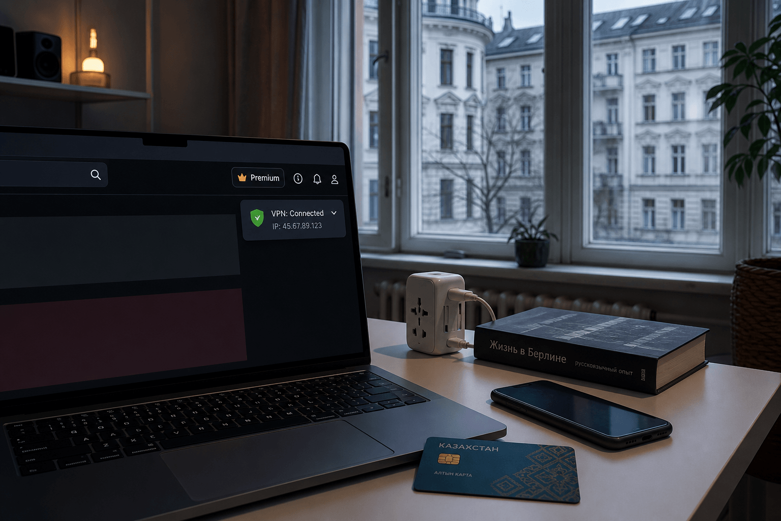 Берлинская квартира, ноутбук с Premium и VPN, казахстанская банковская карта