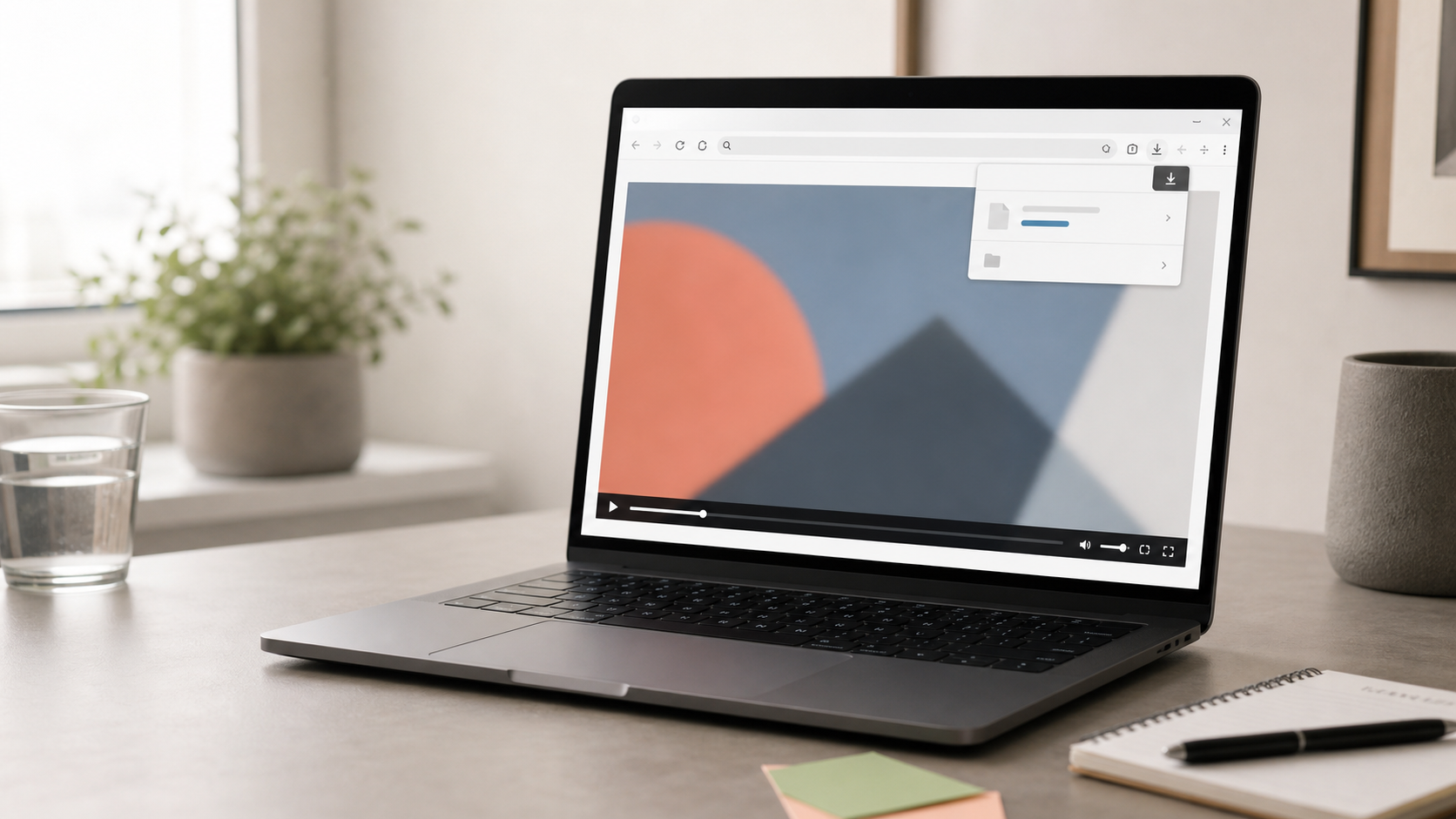 A laptop showing a generic video page with a download action ready to save the playing video.